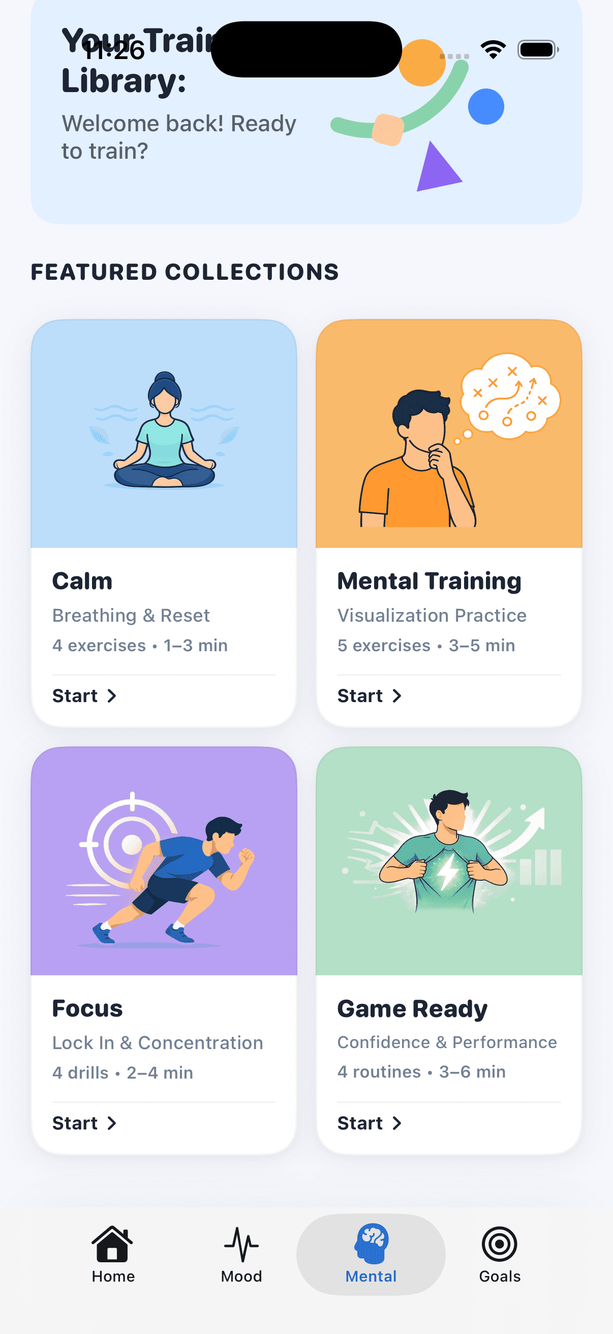 GameReady mental-training library showing the full set of exercises
