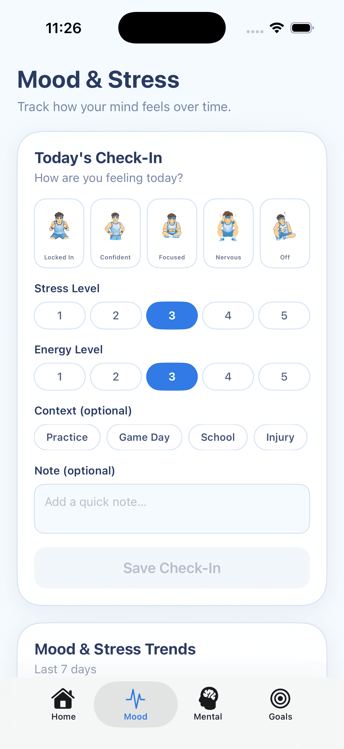 GameReady Mood & Stress Tracking screen